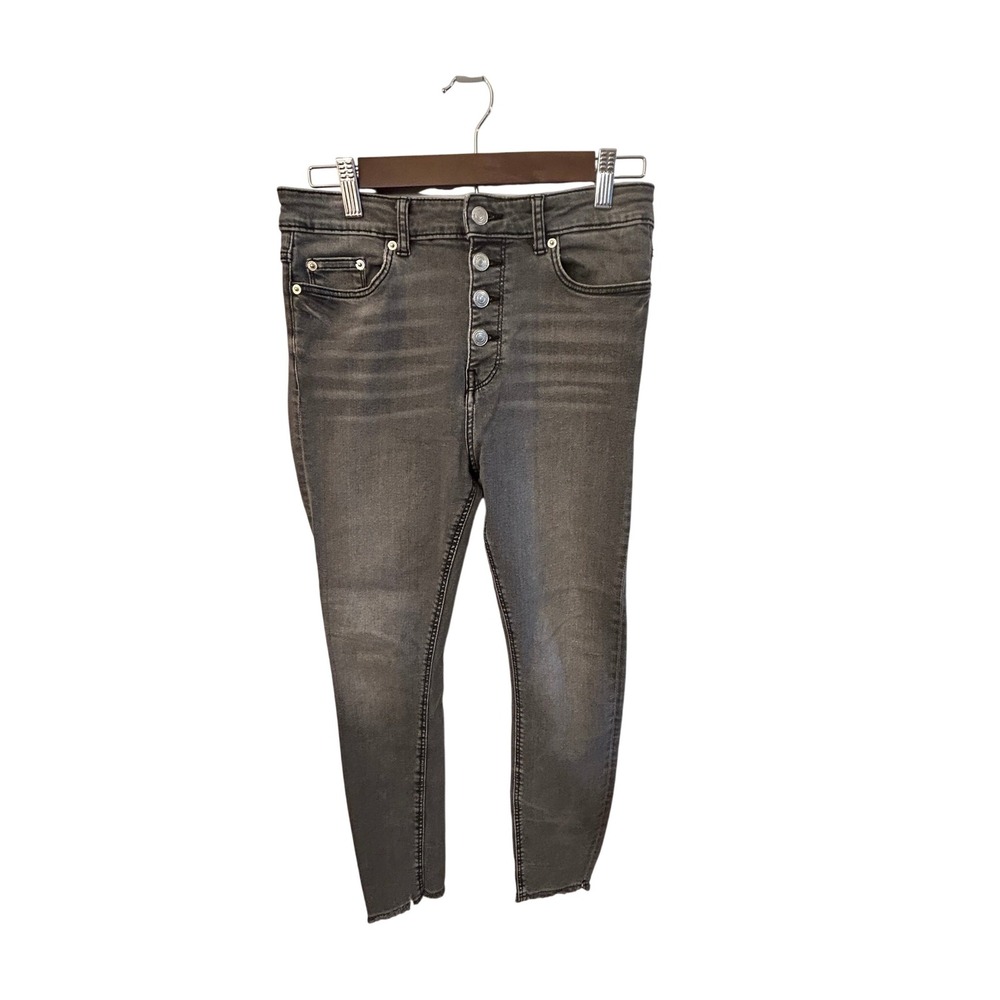 Zara Woman Premium Denim Grey Skinny Jeans High Rise Button Fly Raw Hem Size 6